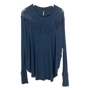 Free People Women's Top Thermal‎ Knit Lace Boho Relaxed Fit Long Sleeve SZ L